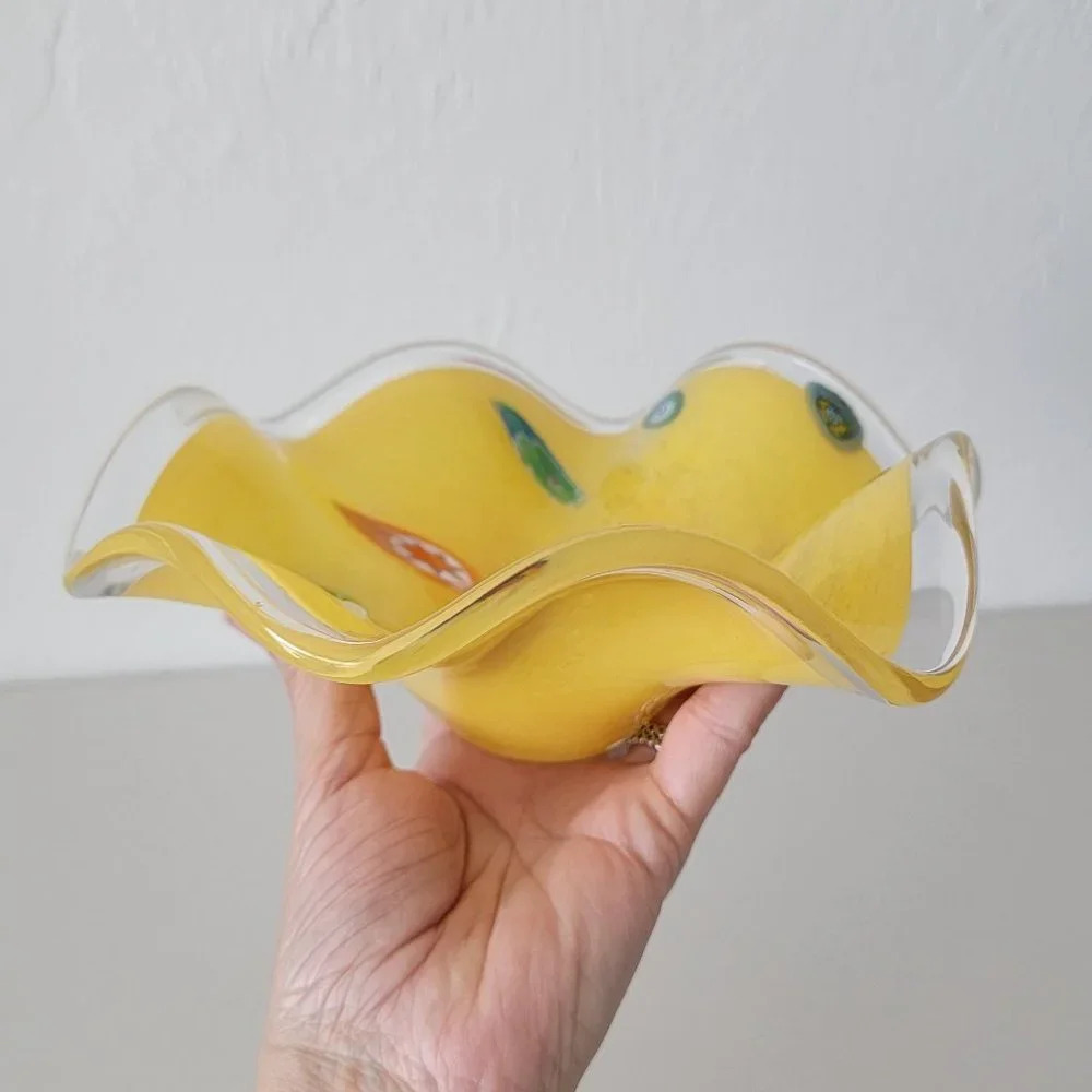 Yellow Multicolored Organic Slump Glass Bowl Ruffled Edge Decor Vintage Style OS